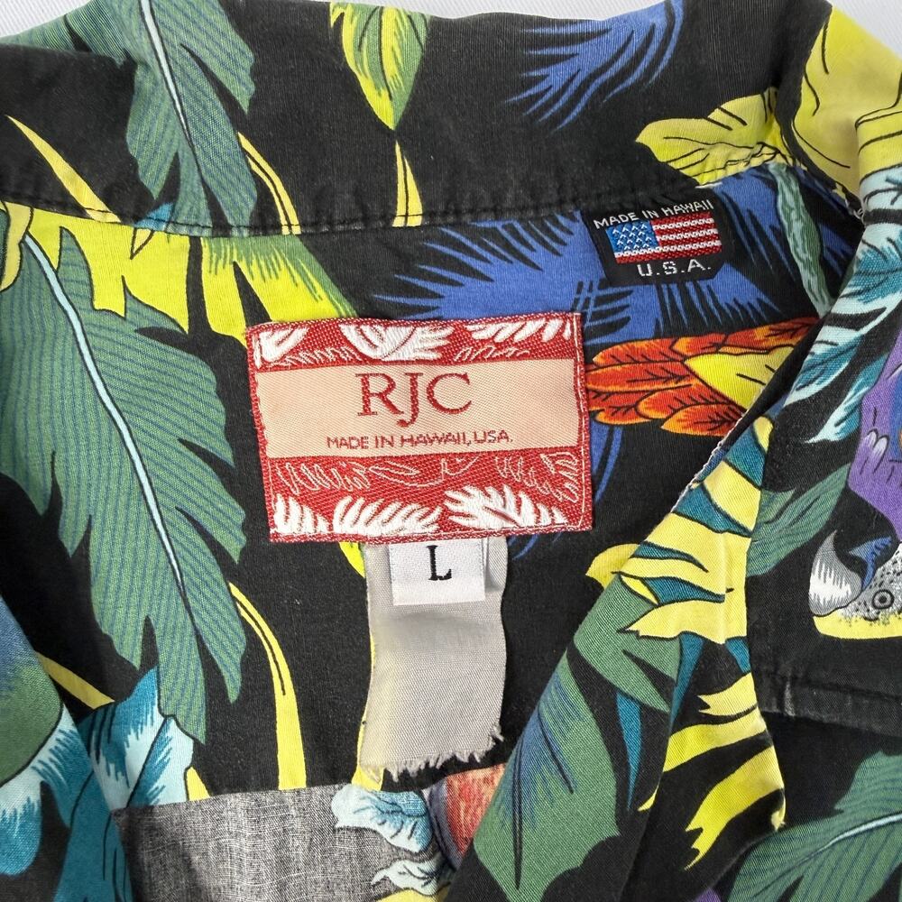 RJC Hawaiian Shirt Mens Large Black Parrot Tropical Aloha Made In USA Resort - Picture 2 of 8
